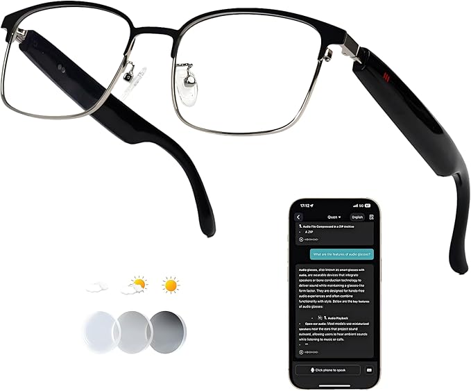 AI Smart Wireless Bluetooth Translation Glasses for Men/Women with Speakers/Bluetooth&140+ Languages Translation Sports/Travel/Drive/Busniess (G6+AI+Color Change Lenses+Silver)