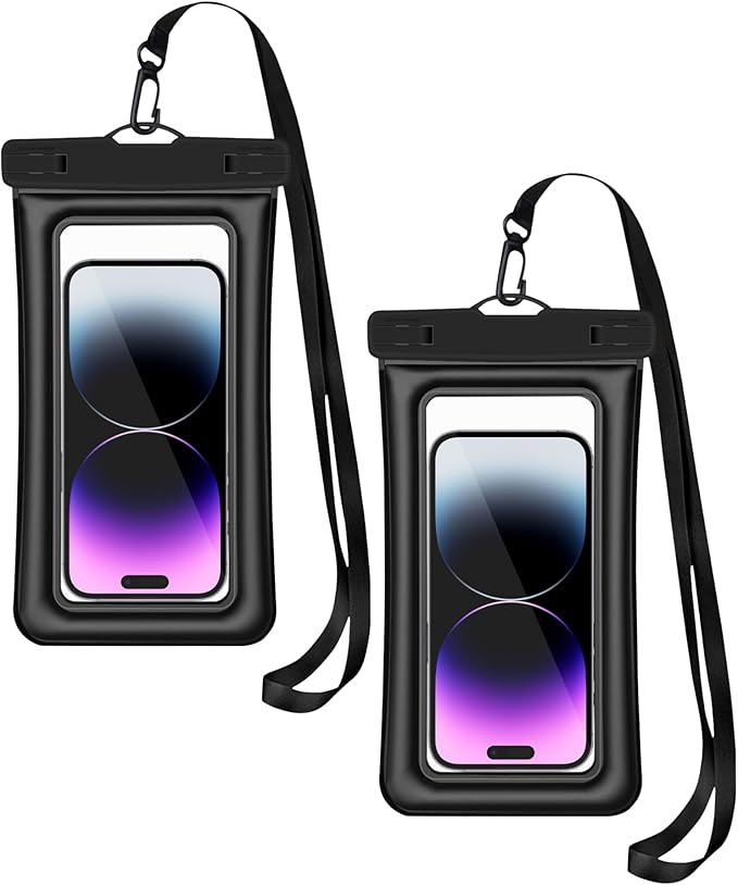 Floating Waterproof Phone Pouch (2-Pack), IPX8 Dry Bag with Built-in Airbag, Touch-Friendly Clear Case with Lanyard for Beach, Swimming, Kayaking & Cruise, Fits Phones up to 7.2" (Black)