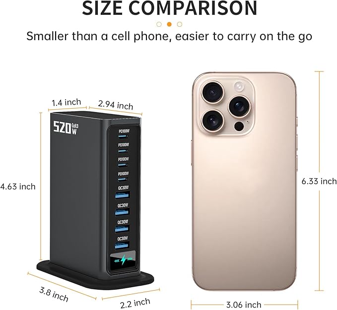 520W USB C Charger Block | 8 Ports GaN Fast Charging Station Hub|PD 100w Type C & USB A Laptop Cell Phone Charger Adapter | for MacBook Air/Pro, iPhone, iPad, Game Consoles | Travel Home Office Use