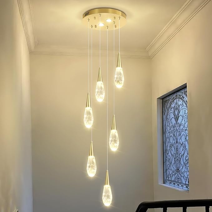 Modern Crystal Chandelier 6-Lights Pendant Chandeliers for Staircase Chrome Kitchen Pendant Light Fixture Hanging Lighting for Dining Room Living Room Bedroom Entryway