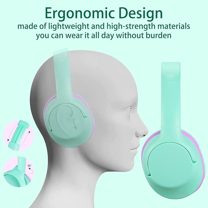 Kids Headphones Over-Ear Headphones for Kids/Teens/School with 94dB Volume Limited Adjustable Stereo 3.5MM Jack Wire Cord for Fire Tablets/Travel/PC/Phones(Mint Green)