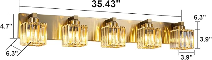 Gold Crystal Bathroom Vanity Lights, 5 Lights Bathroom Lighting Fixtures Over Mirror Modern Gold Crystal Wall Light with Square Shade