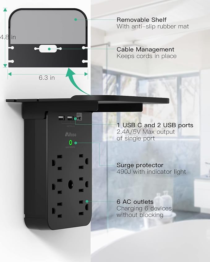 Wall Outlet Extender - Surge Protector 6 AC Outlets Multi Plug Outlet with Shelf, 2 USB and USB C Charging Ports Wall Plug Expander, USB Wall Charger Outlet Splitter for Home (Black)