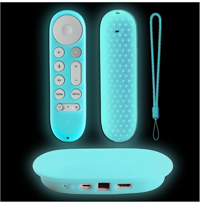 Silicone Protective Sleeve Set for Google TV Streamer 4K 2024 Chromecast TV Streamer 4K Host Box and Voice Remote Glow in The Dark Glow Sky Blue