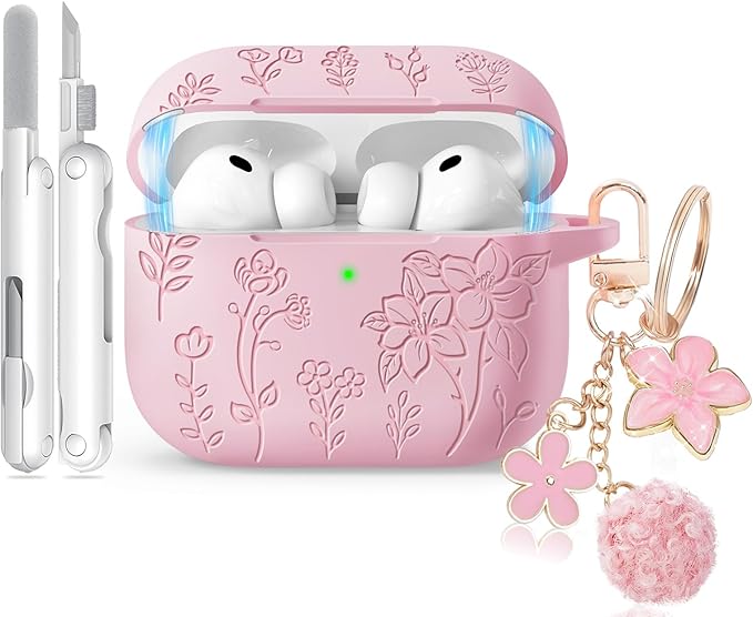 for Airpods Pro 3 Case with Magnetic Lid, Flower Engraved Case Cover Compatible with AirPods Pro 3rd Generation 2025, Soft Silicone Cases with Keychain & Cleaner for Women Girly, Shockproof