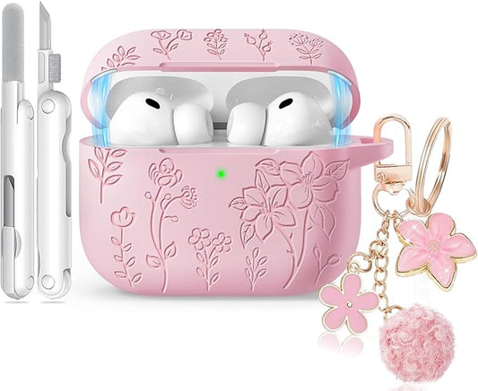 for Airpods Pro 3 Case with Magnetic Lid, Flower Engraved Case Cover Compatible with AirPods Pro 3rd Generation 2025, Soft Silicone Cases with Keychain & Cleaner for Women Girly, Shockproof