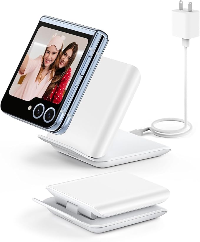 Wireless Charger for Samsung Galaxy Z Flip 7, Foldable 15W Fast Qi-Certified Charging Stand for Galaxy Z Flip 7/6/5/4/3 & Motorola Razr+ | PD 20W Adapter Included | White Travel Dock