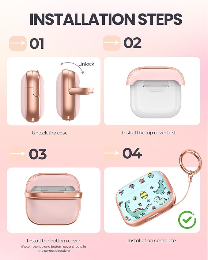 Coralogo for AirPods Pro2/Pro Case with Safety Lock - Cute Cartoon for AirPods Pro1/2 Generation for Women Girls Fashion Stylish Dinosaur Pattern Design Kawaii Girly Girlish Hard Protective Cover