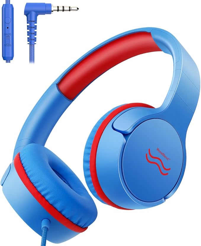Wired Kids Headphones with Mic, Foldable, Volume Control Safe Listening(85/94dB), 3.5mm Jack on-Ear Headset for Chilren/Teens/Easter Day/School/Travel/Plane/Tablet/Laptop,Blue-Red