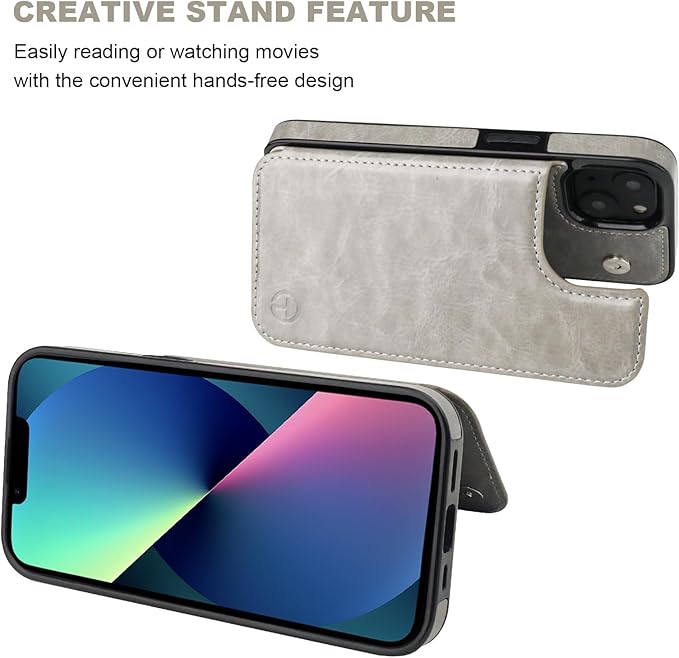 ONETOP Compatible with Magsafe for iPhone 13 Wallet Case with Card Holder, PU Leather Kickstand RFID Blocking Case, Double Magnetic Clasp and Durable Shockproof Cover 6.1 Inch (Grey)