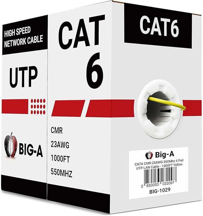 Big-A - Bulk Cat6 Cable 1000ft 23AWG Solid 4 Pair, Cat 6 Ethernet Cable Unshielded Twisted Pair (UTP), (CMR) 550MHz Internet Cable, Pull Box - Yellow