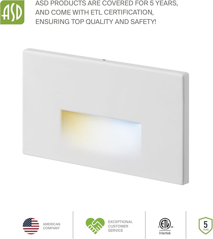 ASD LED Recessed Step Light Fixture, Outdoor & Indoor Stair Tread Lighting | 3CCT, Motion Sensor, Waterproof, ETL Listed | 3W 120LM 3000K-5000K 120V | Staircase Hardwired Illumination | White