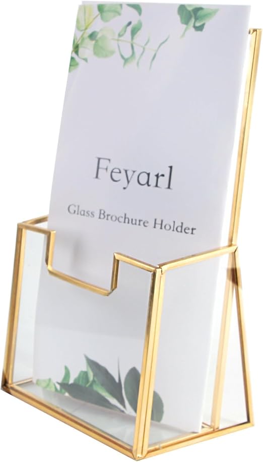 Feyarl Gold Glass Brochure Holders for 4x9 Pamphlets Holder Flyer Trifold Holder Display Stand for Office Brochures Booklets Menu Literatures Journals