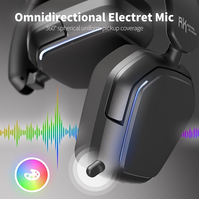 RK ROYAL KLUDGE G10 Gaming Headset with Microphone, Wireless/Bluetooth 5.3/Wired Gaming Headpones for PS5/4, Switch, PC, 40mm Dynamic Drivers, 7.1 Surround Sound, Black