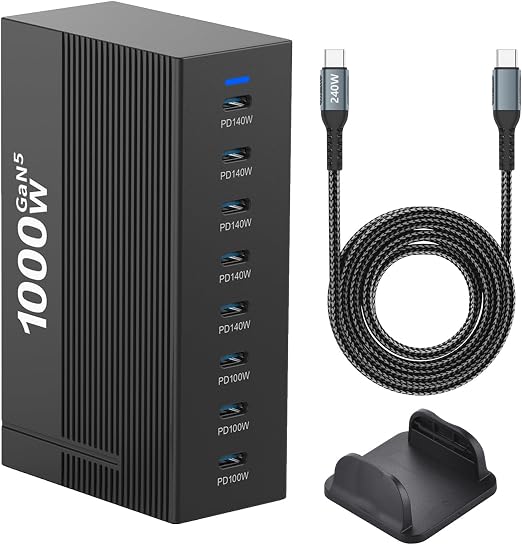 1000W 8-Port GaN5 Desktop Charging Station, High-Power USB Charging Hub with 5X 140W and 3X 100W PD Ports, Fast Charger for Laptops, Tablets, and Smartphones