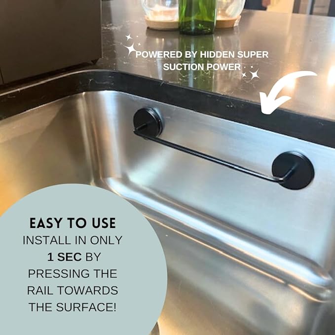 Black Steel Dish Cloth Rail for Kitchen, Towel Holder for All Types of Sinks and Flat Smooth Surfaces