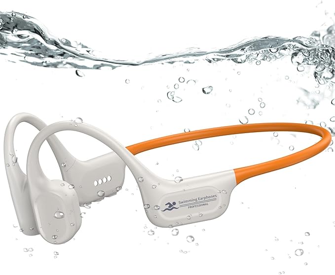 Swimming Headphones IP68 Waterproof, Open Ear Bone Conduction Underwater Headphones Bluetooth 5.4& MP3 with 32GB Memory Card, Soft/Skin/Lightweight Sound Swim Earbuds-SurfAudio(Orange)