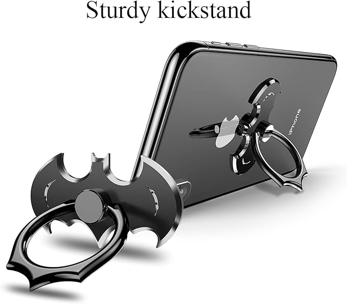 Bat Cell Phone Ring Holder, Adhesive Phone Grip, Metal Finger Ring Stand, 360 Degree Rotation Cell Phone Kickstand for iPhone Samsung Galaxy Google iPad and All Smartphones (Black+Silver)