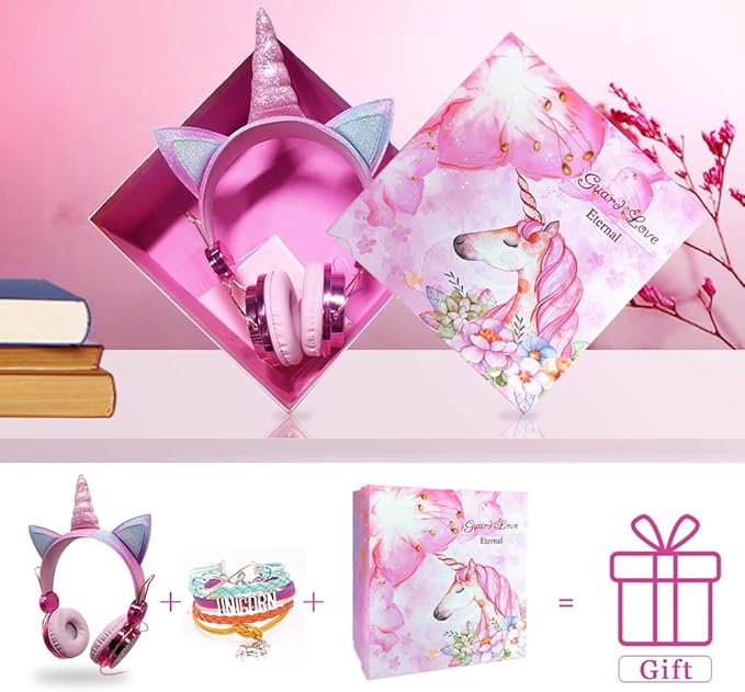 TCJJ Sparkly Unicorn Headphones for Girls, 85dB Safe Volume Limit, Wireless & 3.5mm Wired Headset with Mic, Adjustable Headband, Fast Charging, Foldable,for School, Tablet, Travel, Airplane