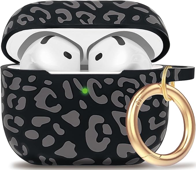 Silicone Leopard AirPods 4 Case 2024, Gawnock Case Cover for Apple Airpods 4th Generation Print Soft Flexible Cover for Air Pod 4th Women Girls, Skin with Keychain - Leopard Gray