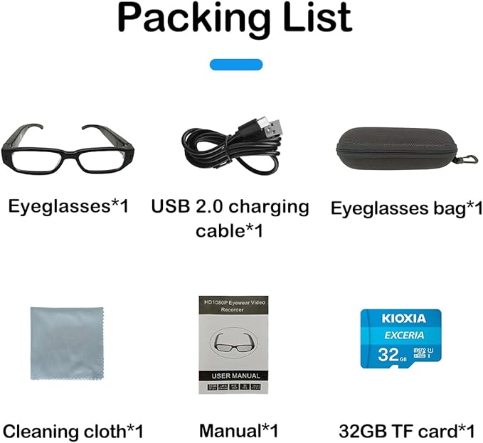 Smart Glasses with Camera, Video Recording and Photo Taking, Recording Glasses 1080P HD 32GB Memory Card Video Camera Glasses for Men Women Cycling Hiking Travel, No Bluetooth NO WiFi No App