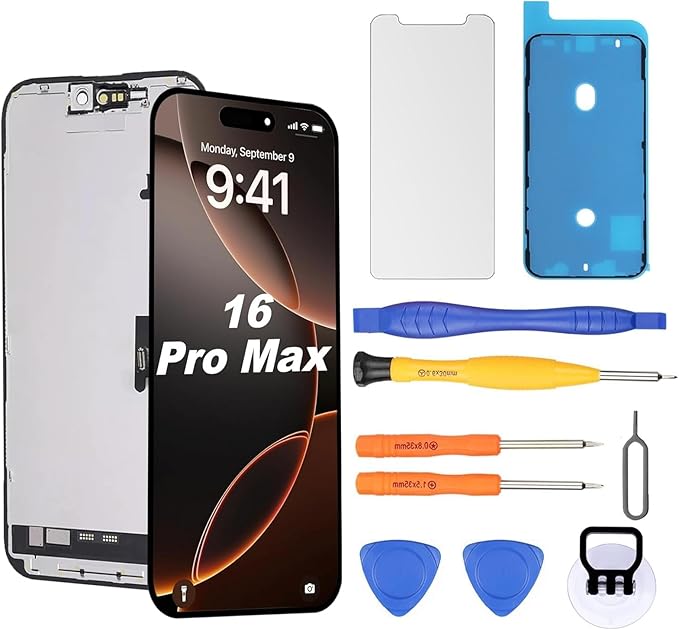 Replacement Screen for iPhone 16 Pro Max LCD FHD COF Retina Display Digitizer with Total Repair Tool Kits, Screen Protector, Waterproof Tape