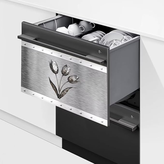 Artificial Metal Effect Dishwasher Cover Magnet Kitchen Decor, Stainless Steel Flower Effect Dishwasher Magnet Cover Front Door Panel Decal, Refrigerator Magnetic Decals 23'' W x 17'' H