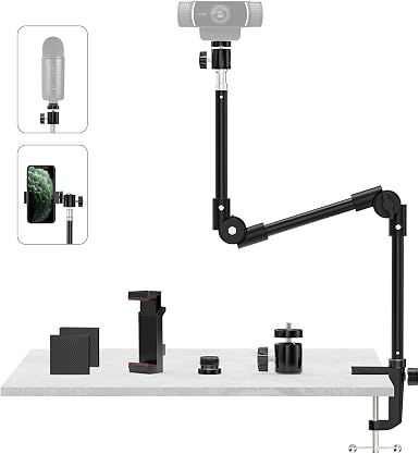 KDD Webcam Stand Camera Desk Mount with Phone Holder & 5/8" Screw - 22" Flexible Projector Stand Gooseneck Desk Mic Stand for Logitech C922 C930e C920 C615 C960 Brio 4K, GoPro, Blue Yeti Snowball Ice
