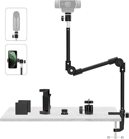 KDD Webcam Stand Camera Desk Mount with Phone Holder & 5/8" Screw - 22" Flexible Projector Stand Gooseneck Desk Mic Stand for Logitech C922 C930e C920 C615 C960 Brio 4K, GoPro, Blue Yeti Snowball Ice