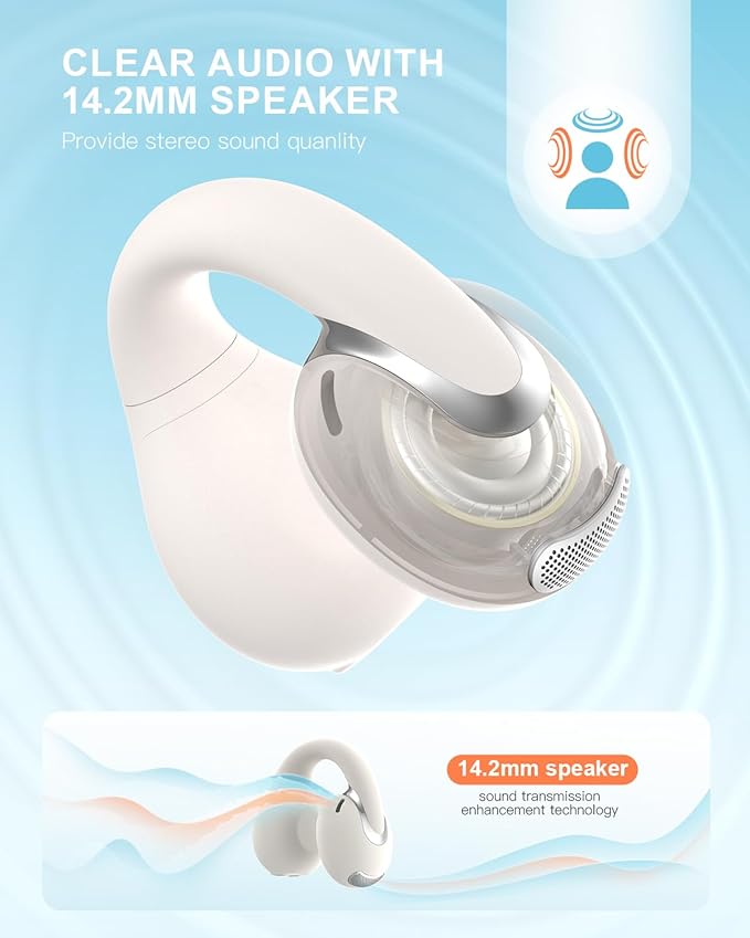 Open Ear Clip Wireless Earbuds Bluetooth 5.4, Lightweight Comfort Sports Bone Conduction Headphones Built-in Mic for Clear Audio, Stable Fit Earphones 24H Play-Beige