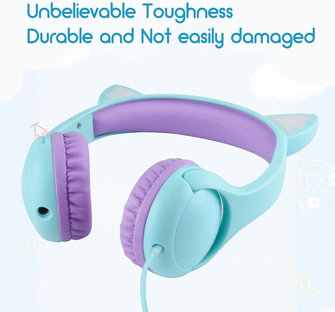 Olyre Kids Headphones with MIC for School, 85dB Safe Volume Limited Light Up Cat Ear Headphones,Wired Cord On-Ear Headset for Children/Boys/Girls/Travel-Green/Purple