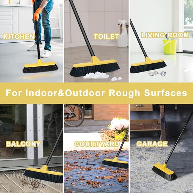 Push Broom with Long Handle, Floor Brush 51.6 inch Soft Bristle Broom 12.2" Wide for Cleaning Bathroom Kitchen Patio Garage Deck Tile