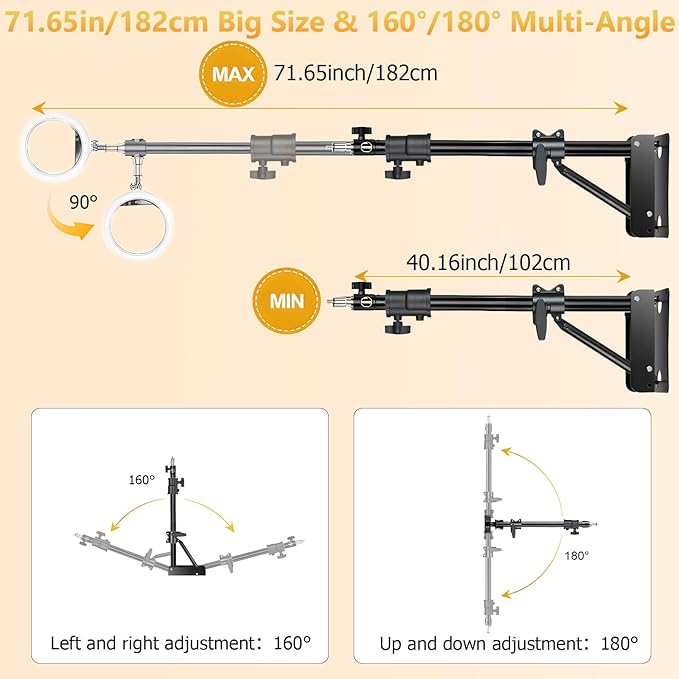 MACTREM Ring Light Wall Mount, 71.65’’/182cm Wall Mounting Triangle Boom Arm for Strobe Light, Photography, Softbox, Reflector,Umbrella,Studio Video Light, Support 180°Rotation