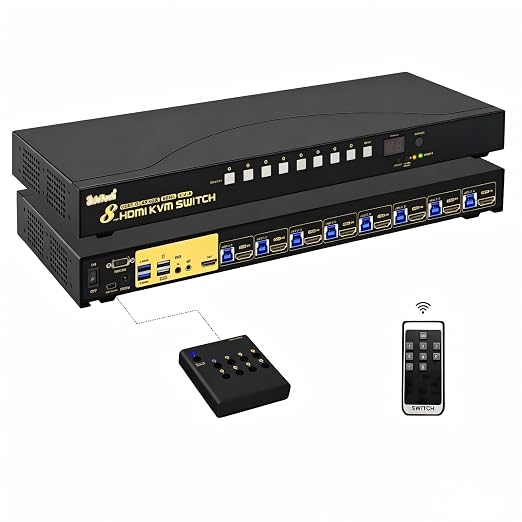 JideTech 8-Port HDMI KVM Switch 4K@60Hz with USB 3.0 Hub, Audio Support, Keyboard & Mouse Hotkey, Remote Control, Rack Mount 1U for Windows