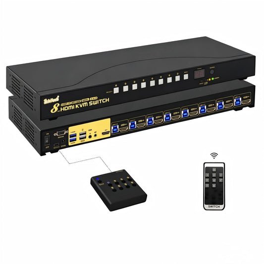 JideTech 8-Port HDMI KVM Switch 4K@60Hz, USB 3.0 Hub, Audio Support, EDID Emulator, Keyboard Hotkey, Mouse Switch, IR Remote, RS232 Control, 1U Rack Mount for Windows Mac Linux
