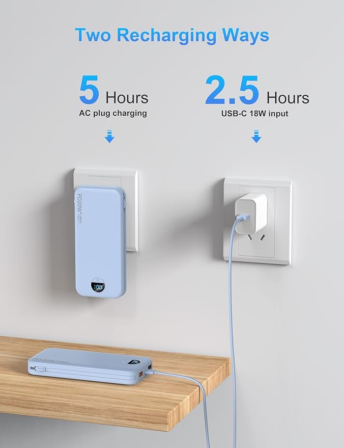 Portable Charger with Wall Plug, 10000mAh USB C Power Bank Fast Charging, External Battery Pack with Built in Cables, Digital Display, 5 Output 4 Input for iPhone Android Cell Phone Tablet