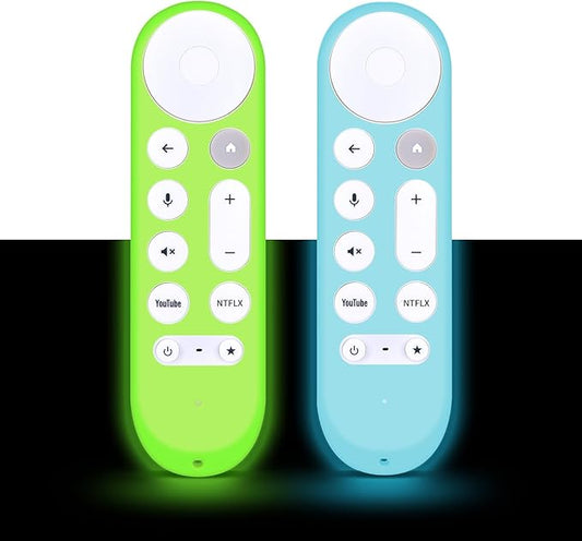 [2-Pack] HZIME New Replacement Remote Control Cover Compatible for Google TV Streamer 4K TV GY3LE Voice Remote, Silicone Controller Case Sleeve (Glow-in-The-Dark，Green/Blue)