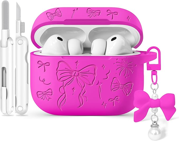 for Airpods Pro 3 Case Cover, Joremx Cute Bow Engraved Silicone Protective Case Cover with Keychain, Cleaner Kit for Airpods Pro 3rd Generation 2025 (Fluorescent Rose Red)