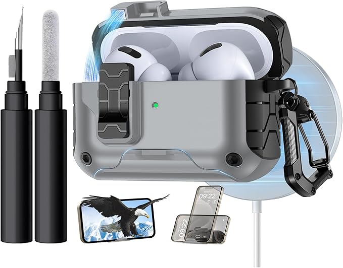 Lerobo for AirPods Pro 2 Case with Cleaner Kit,Hard Protective Cover with Phone Stand Compatible with Magsafe for AirPods Pro 2nd/1st (USB-C/Lightning Cable), Magnetic Lock,Drop Protection, Gray