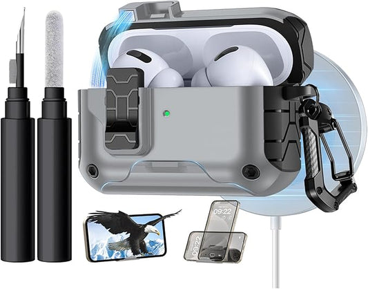 Lerobo for AirPods Pro 2 Case with Cleaner Kit,Hard Protective Cover with Phone Stand Compatible with Magsafe for AirPods Pro 2nd/1st (USB-C/Lightning Cable), Magnetic Lock,Drop Protection, Gray