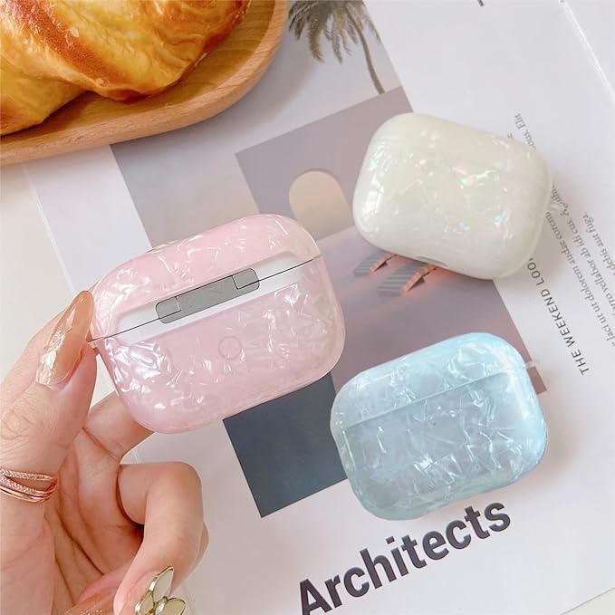 for Cute Glitter Airpods Pro/Pro 2 Gen Case with Cleaner Pen, Shell Pattern iPod Pro 2nd/1st Generation Cover Protective Skin Girl Women with Luxury Pearl Keychain 2023/2022/2019 - Blue