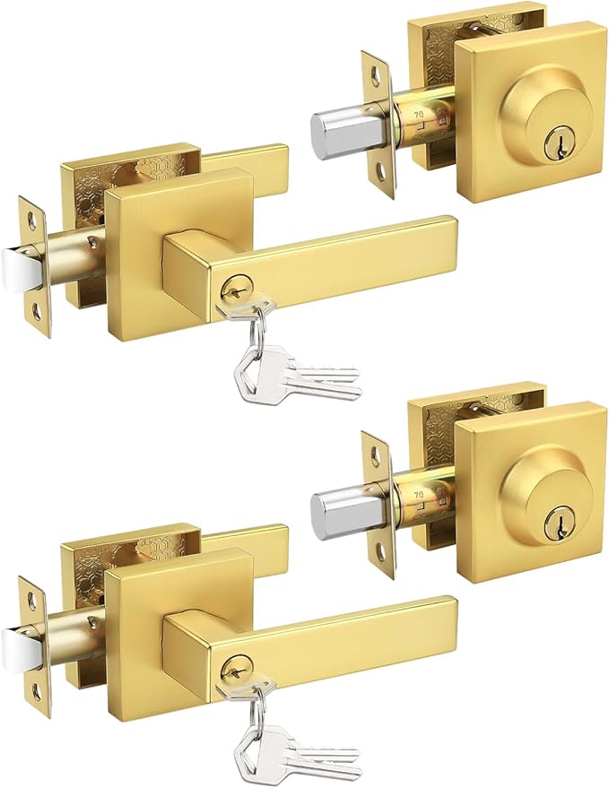 Brushed Gold Keyed Alike Front/Exterior Door Lever with Single Cylinder Deadbolt, Satin Brass Entry Door Knob Lock Set Combo Sets, for Entrance/Front and Office Doors,2 Pack