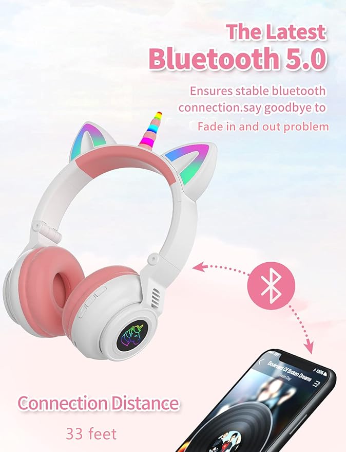 Unicorn Kids Headphones for Girls, Unicorn Bluetooth Headphones Foldable for Girls Toddlers Tablet/pad/Amazon fire,Light Up Kids Wireless Headphone Birthday Gifts (White Pink)