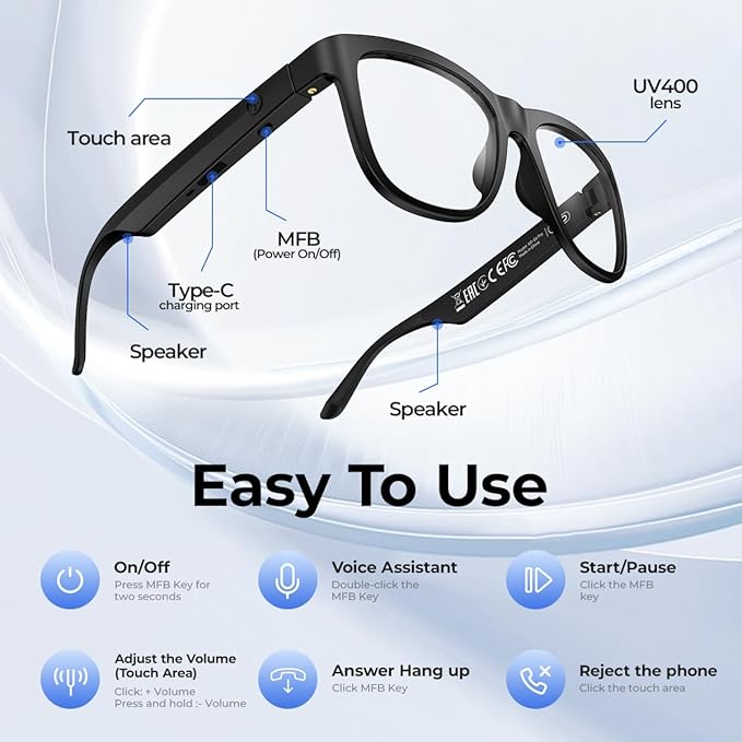 AI Smart Bluetooth Translation Glasses,Smart Glasses with 140+ Languages Online Translation and Color-Change Lens,Built-in Mic & Speakers,Anti-Blue Light Lens with Listening Voice Control