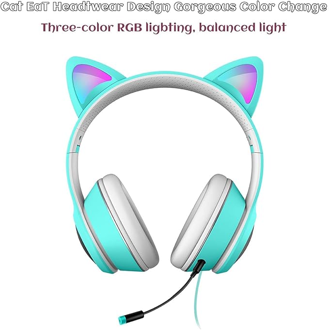 Cat Ear Gaming Headphones Wired AUX 3.5mm with LED Light, VIGROS Flashing Stereo Game Headphones Surround Sound Over-Ear Headsets with Microphone Fit Kids & Adult for PC, PS4, Switch, Mobile, Laptop