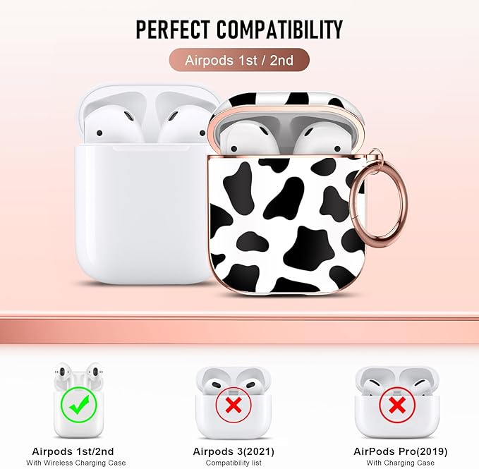 Maxjoy for AirPods 2nd Generation Case, Unique Design Hard Protective Shockproof Airpods Case Cover with Keychain Compatible with Apple AirPods 1st and 2nd Charging Case, Black White Cow