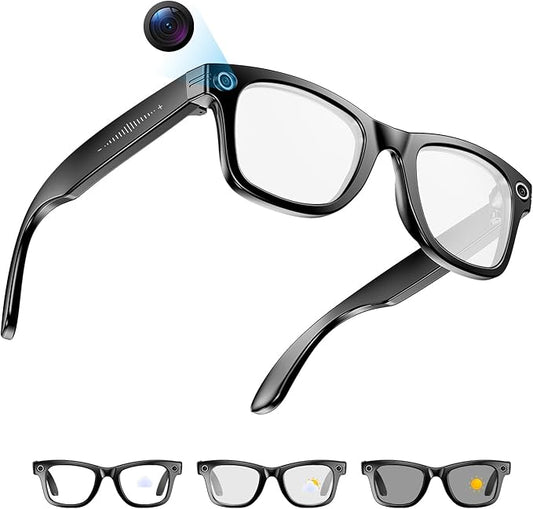 AI Smart Glasses with Camera, 8MP HD Video/Recording Glasses, Color-change Lenses, Bluetooth Camera Glasses for Men Women (139 Languages) IP65 Waterproof, Voice Control for Travel Vlog Business- Black