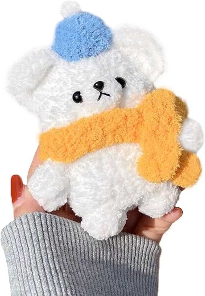 Yatchen Plush Bear Case for AirPods 1&2,Kawaii Cute 3D Cartoon Fur Bear with Scarf Funny Furry for Airpods 2nd 1st Generation Cover with Keychain Protective Case Women Girls