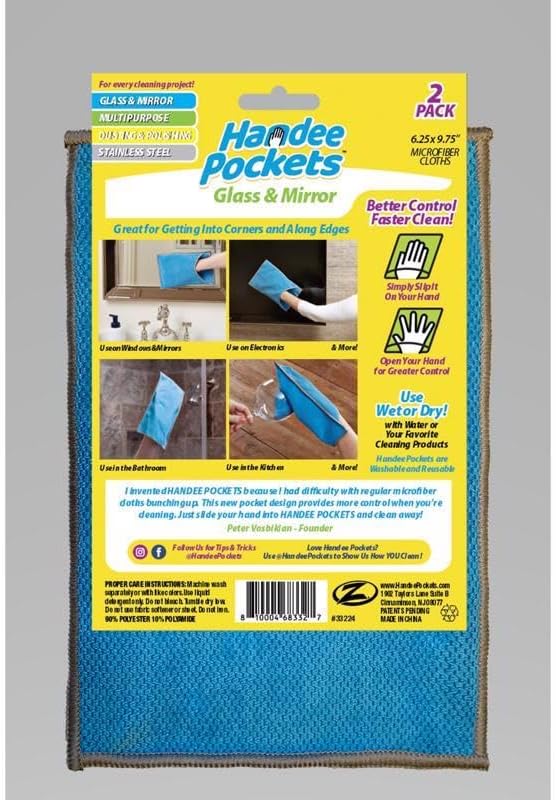 Glass & Mirror Microfiber Cleaning Cloths with Built-in Pockets, 6.25 in. W x 9.75 in. L, 2 Pack - Ultra Absorbent, Reusable, Streak-Free for Glass and Mirror