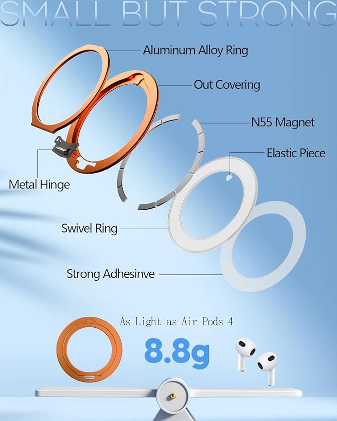 SEMBO Magnetic Phone Ring Holder for MagSafe, 0.1'' Ultra Thin 360° Rotation Cell Phone Grip Stand Finger Ring Kickstand Compatible with iPhone 17 Pro Max 16 15 14 13 12 MagSafe Accessories (Orange)
